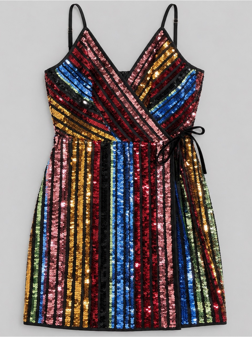 BCBGMAXAZRIA Multicolor Sequin Striped Faux Wrap Mini Dress Size 2